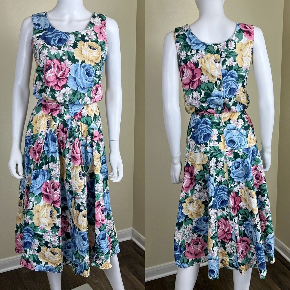Vintage Lisa Petites Women's Size S Floral Midi Dress USA Cotton Cottagecore